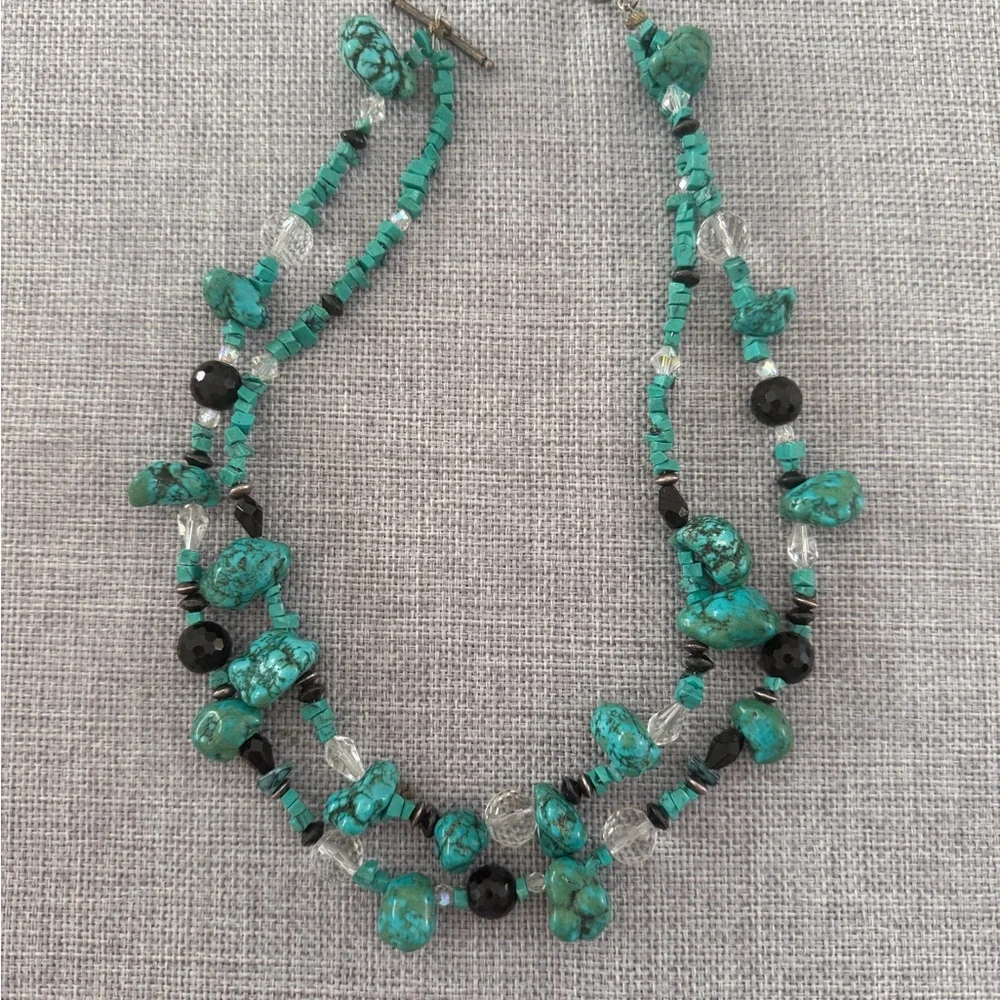 Double Strand Turquoise & Black Beaded Statement Necklace | Silver Accents